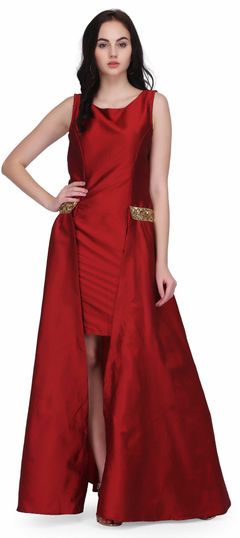 Red and Maroon color Dress in Taffeta Silk fabric with Sequence, Thread work