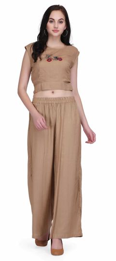 Beige and Brown color Tunic with Bottom in Rayon fabric with Bugle Beads, Thread work
