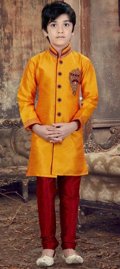 1531972: Orange color Boys Kurta Pyjama in Silk fabric with Patch work