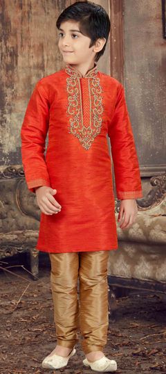 Orange color Boys Kurta Pyjama in Bangalore Silk fabric with Stone work : 1531984