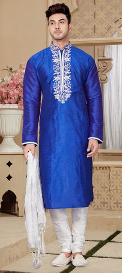 Blue color Kurta Pyjamas in Art Dupion Silk fabric with Embroidered, Resham, Stone, Thread work