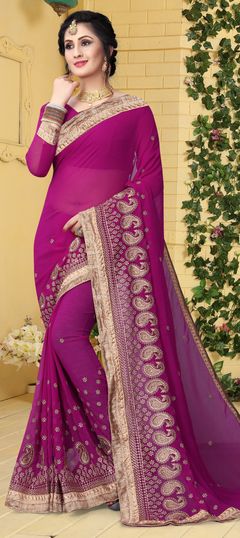 Pink and Majenta color Saree in Faux Georgette fabric with Embroidered, Thread, Zari work
