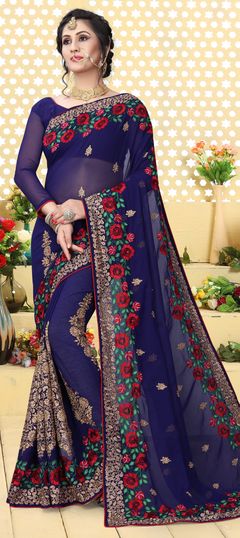 Blue color Saree in Georgette fabric with Embroidered, Resham, Thread, Zari work