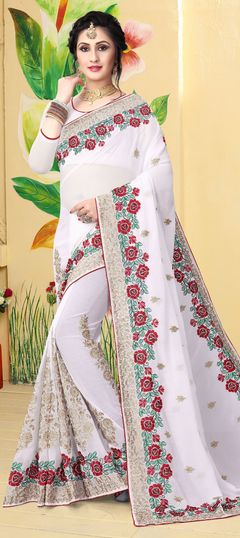 White and Off White color Saree in Faux Georgette fabric with Embroidered, Resham, Thread, Zari work