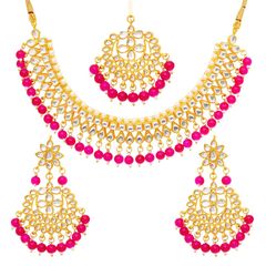 Gold Rodium Polish Pink and Majenta, White and Off White color Necklace in Metal Alloy studded with Beads, CZ Diamond, Kundan
