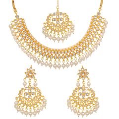 Gold Rodium Polish White and Off White color Necklace in Metal Alloy studded with Beads, CZ Diamond, Kundan