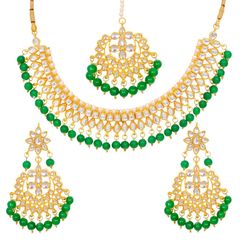 Gold Rodium Polish Green, White and Off White color Necklace in Metal Alloy studded with Beads, CZ Diamond, Kundan
