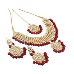 1533384: Red and Maroon, White and Off White color Necklace in Metal Alloy studded with Beads, CZ Diamond, Kundan & Gold Rodium Polish