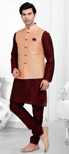 1533606: Red and Maroon color Kurta Pyjama with Jacket in Art Silk fabric with Thread work