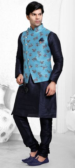 Blue color Kurta Pyjama with Jacket in Art Silk fabric with Thread work