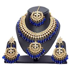 Gold Rodium Polish Blue, White and Off White color Necklace in Metal Alloy studded with CZ Diamond, Kundan