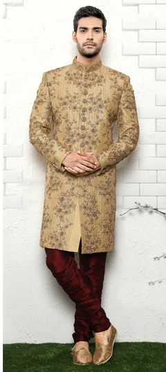 Gold color Sherwani in Art Silk fabric with Cut Dana, Sequence, Stone work