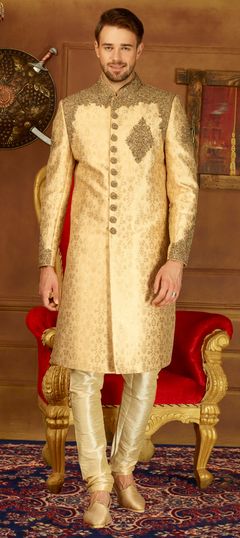 Beige and Brown color Sherwani in Brocade, Jacquard fabric with Embroidered, Zari work