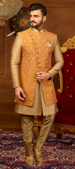 Orange color IndoWestern Dress in Banarasi Silk fabric with Embroidered, Thread, Zari work