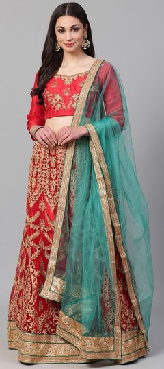 Red and Maroon color Lehenga in Net fabric with Border, Embroidered, Stone, Thread, Zari work