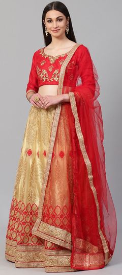 Beige and Brown color Lehenga in Net fabric with Border, Embroidered, Stone, Thread, Zari work