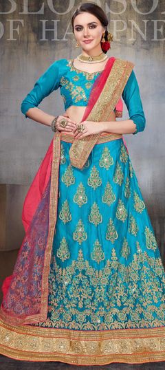 Blue color Lehenga in Net fabric with Border, Embroidered, Stone, Thread, Zari work