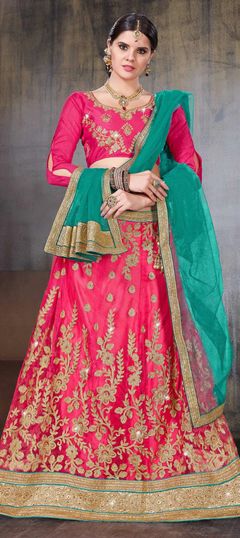 Pink and Majenta color Lehenga in Net fabric with Border, Embroidered, Stone, Thread, Zari work