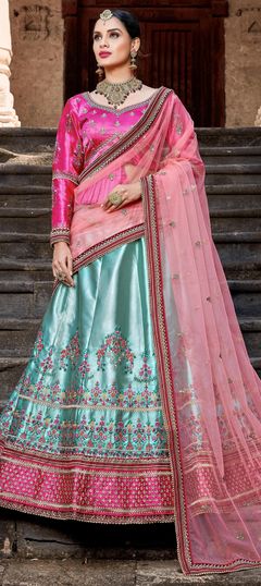 Blue color Lehenga in Satin Silk fabric with Embroidered, Moti, Resham, Stone, Zari work