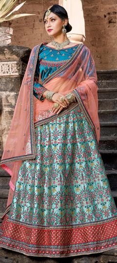 Blue color Lehenga in Satin Silk fabric with Embroidered, Moti, Resham, Stone, Zari work