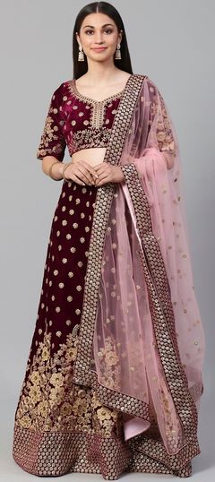 Purple and Violet color Lehenga in Velvet fabric with Embroidered, Resham, Sequence, Thread, Zari work