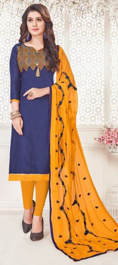 Blue color Salwar Kameez in Cotton fabric with Embroidered, Resham, Thread work