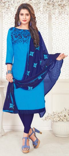 Blue color Salwar Kameez in Cotton fabric with Embroidered, Resham, Thread work