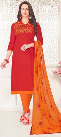 Red and Maroon color Salwar Kameez in Cotton fabric with Embroidered, Resham, Thread work
