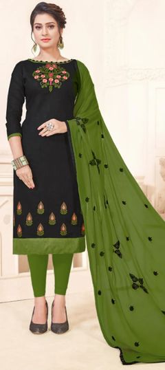Black and Grey color Salwar Kameez in Cotton fabric with Embroidered, Resham, Thread work