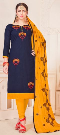 Blue color Salwar Kameez in Cotton fabric with Embroidered, Resham, Thread work