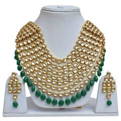 Gold Rodium Polish Green, White and Off White color Necklace in Metal Alloy studded with Beads, CZ Diamond, Kundan