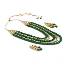 Gold Rodium Polish Green, White and Off White color Necklace in Metal Alloy studded with Beads, CZ Diamond, Kundan