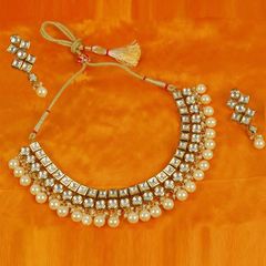 Gold Rodium Polish Beige and Brown, White and Off White color Necklace in Metal Alloy studded with Beads, CZ Diamond, Kundan