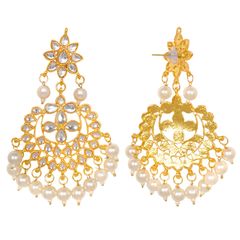 Gold Rodium Polish White and Off White color Earrings in Metal Alloy studded with CZ Diamond, Kundan