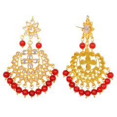 Gold Rodium Polish Red and Maroon color Earrings in Metal Alloy studded with CZ Diamond, Kundan