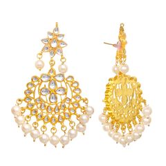 Gold Rodium Polish White and Off White color Earrings in Metal Alloy studded with CZ Diamond, Kundan