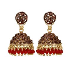 Gold Rodium Polish Red and Maroon color Earrings in Brass studded with Beads