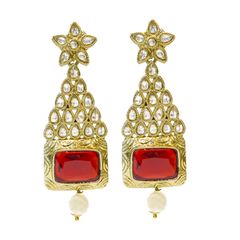 Gold Rodium Polish Red and Maroon color Earrings in Brass studded with CZ Diamond