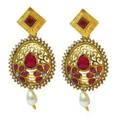 Gold Rodium Polish Red and Maroon color Earrings in Brass studded with CZ Diamond