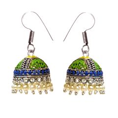 Enamel Multicolor color Earrings in Brass studded with Beads