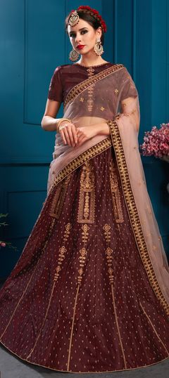 Beige and Brown color Lehenga in Satin Silk fabric with Sequence, Stone, Zari work