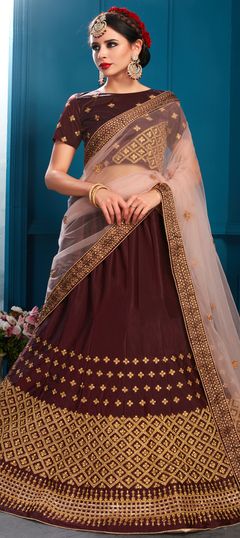 Beige and Brown color Lehenga in Satin Silk fabric with Sequence, Stone, Zari work