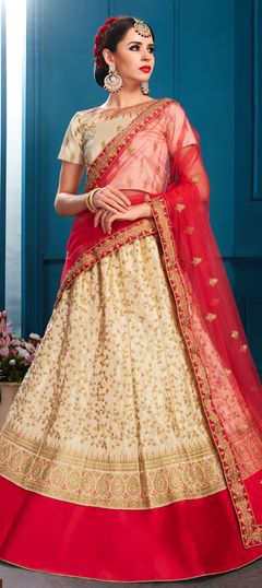 Beige and Brown color Lehenga in Satin Silk fabric with Resham, Stone, Thread, Zari work