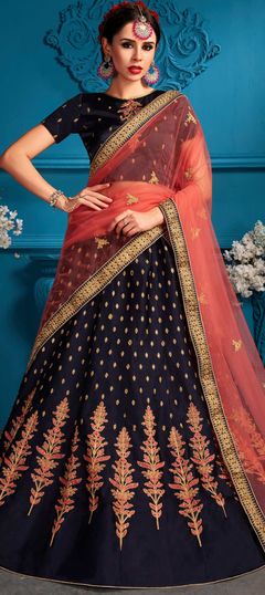 Blue color Lehenga in Satin Silk fabric with Resham, Sequence, Stone, Thread, Zari work