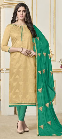 Beige and Brown color Salwar Kameez in Banarasi Silk fabric with Thread work