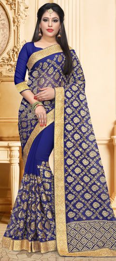 Blue color Saree in Georgette fabric with Border, Embroidered, Stone, Thread, Zari work