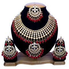 Gold Rodium Polish Red and Maroon, White and Off White color Necklace in Metal Alloy studded with CZ Diamond, Kundan