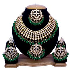 Gold Rodium Polish Green, White and Off White color Necklace in Metal Alloy studded with CZ Diamond, Kundan