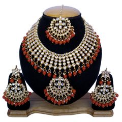 Gold Rodium Polish Red and Maroon, White and Off White color Necklace in Metal Alloy studded with CZ Diamond, Kundan