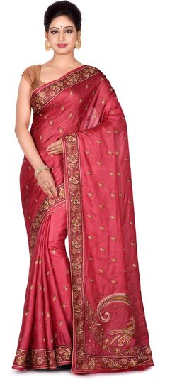 Red and Maroon color Saree in Banarasi Silk, Silk fabric with Thread work